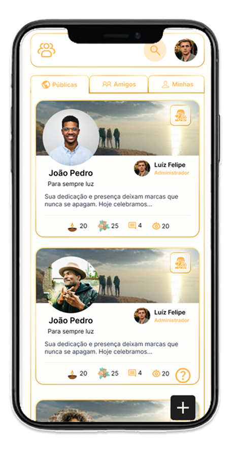 Tela do app mostrando a lista de memoriais criados